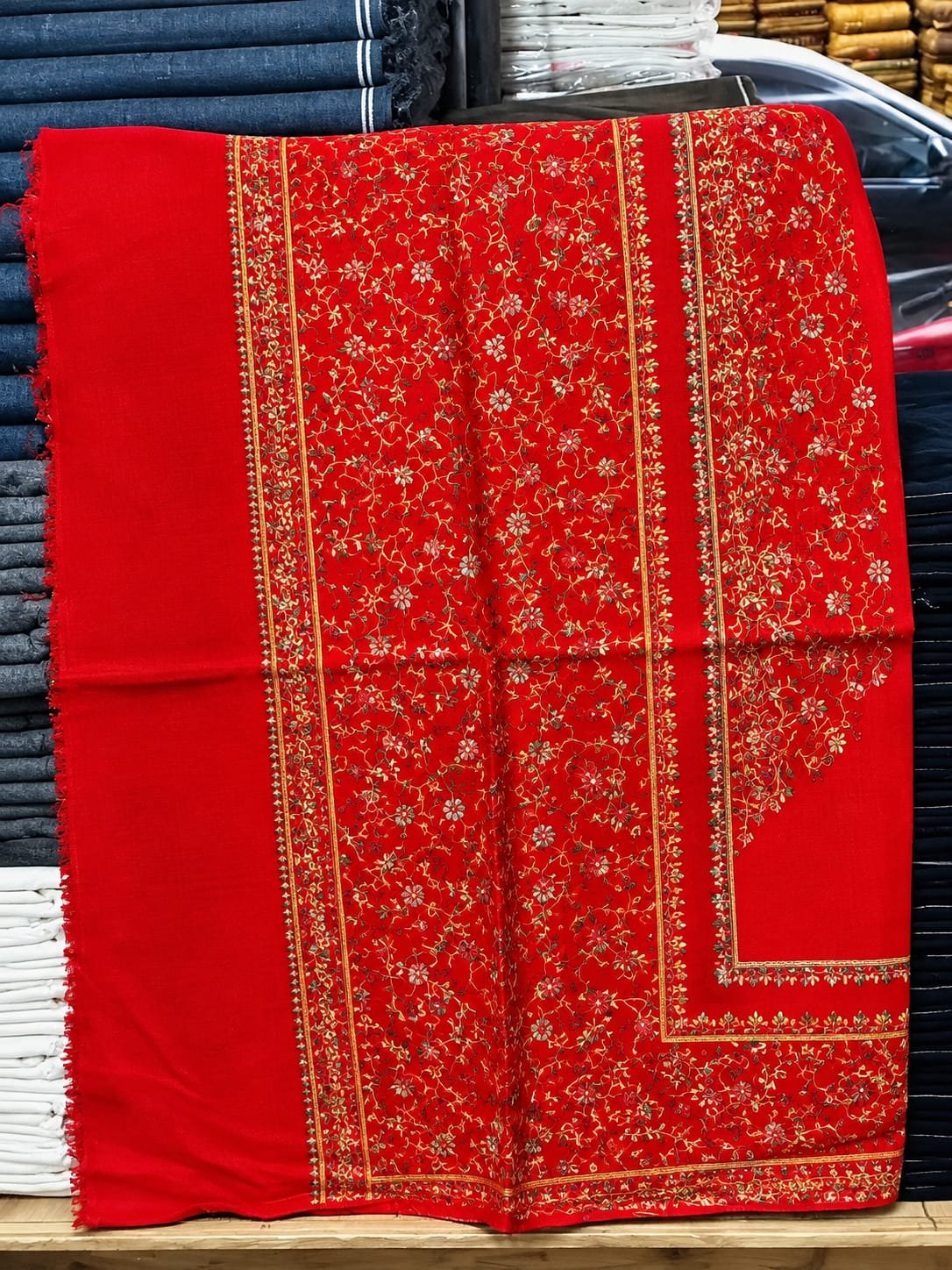 Crimson Royal Heritage Embroidered Shawl Detail Embroidery — Swati Wool Shawl Pakistan