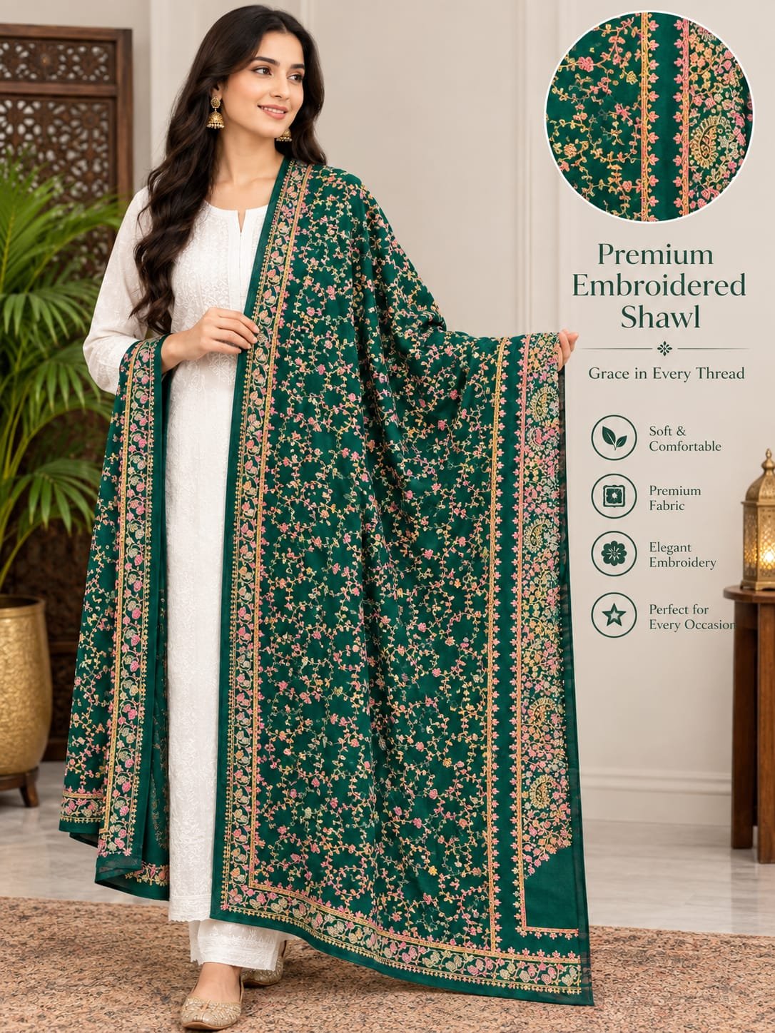 Emerald Green Heritage Embroidered Shawl