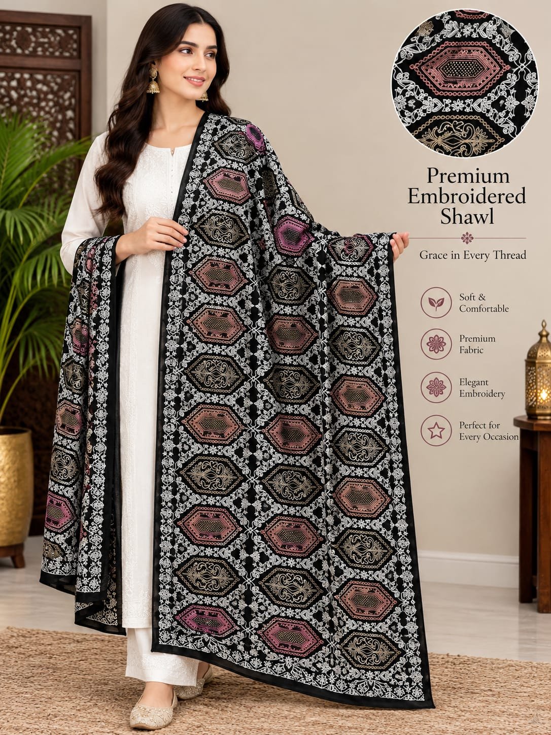 Midnight Black Heritage Embroidered Shawl