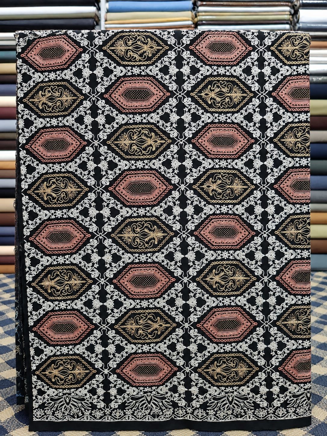 Midnight Black Heritage Embroidered Shawl Detail Embroidery — Swati Wool Shawl Pakistan