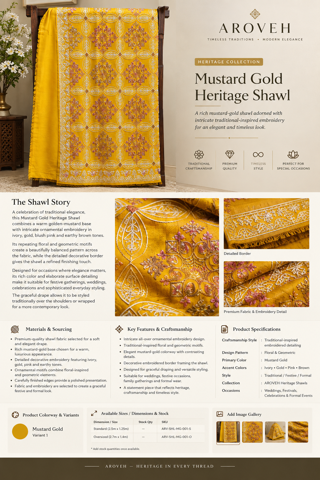 Mustard Gold Heritage Embroidered Shawl