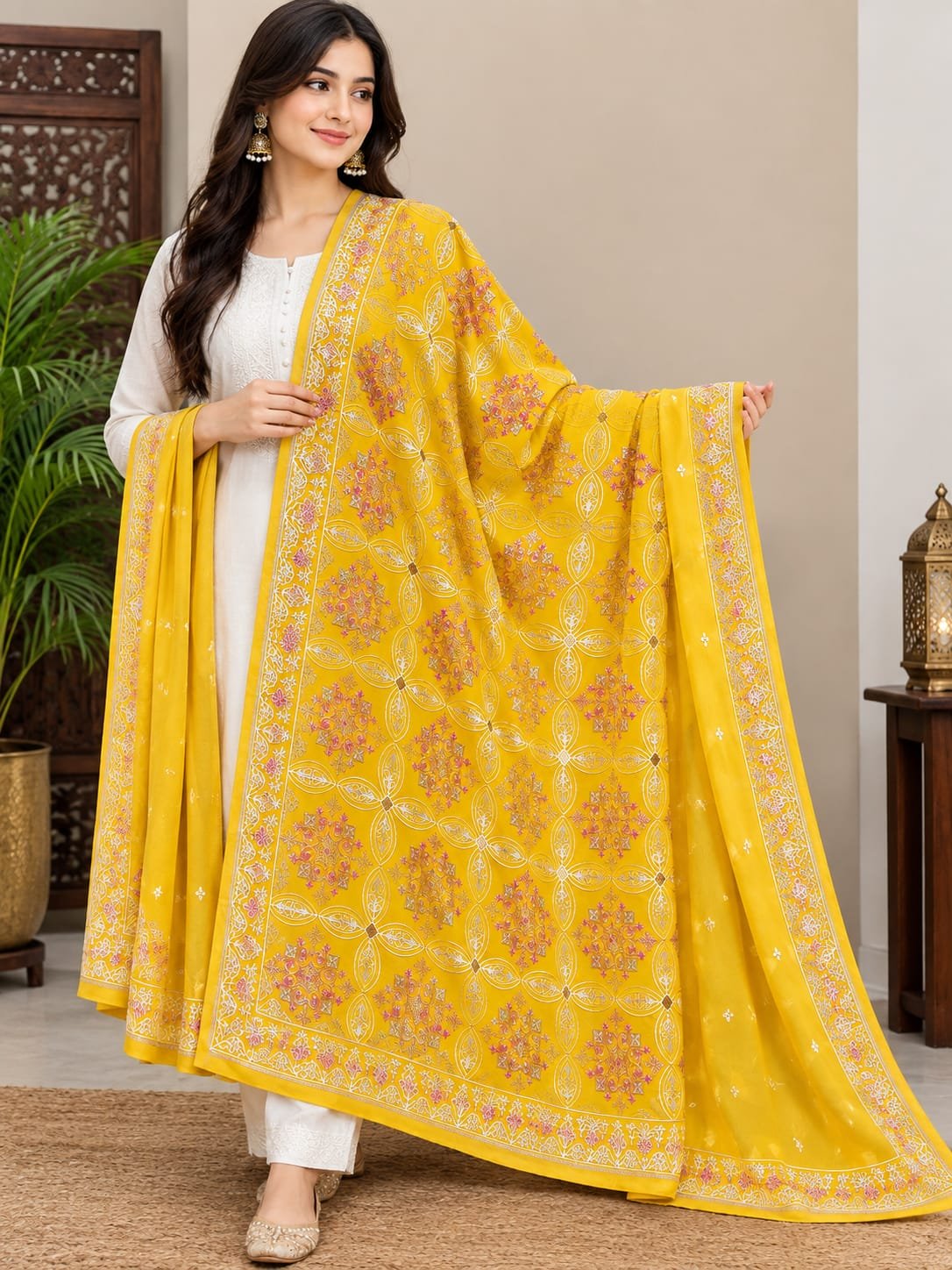 Mustard Gold Heritage Embroidered Shawl