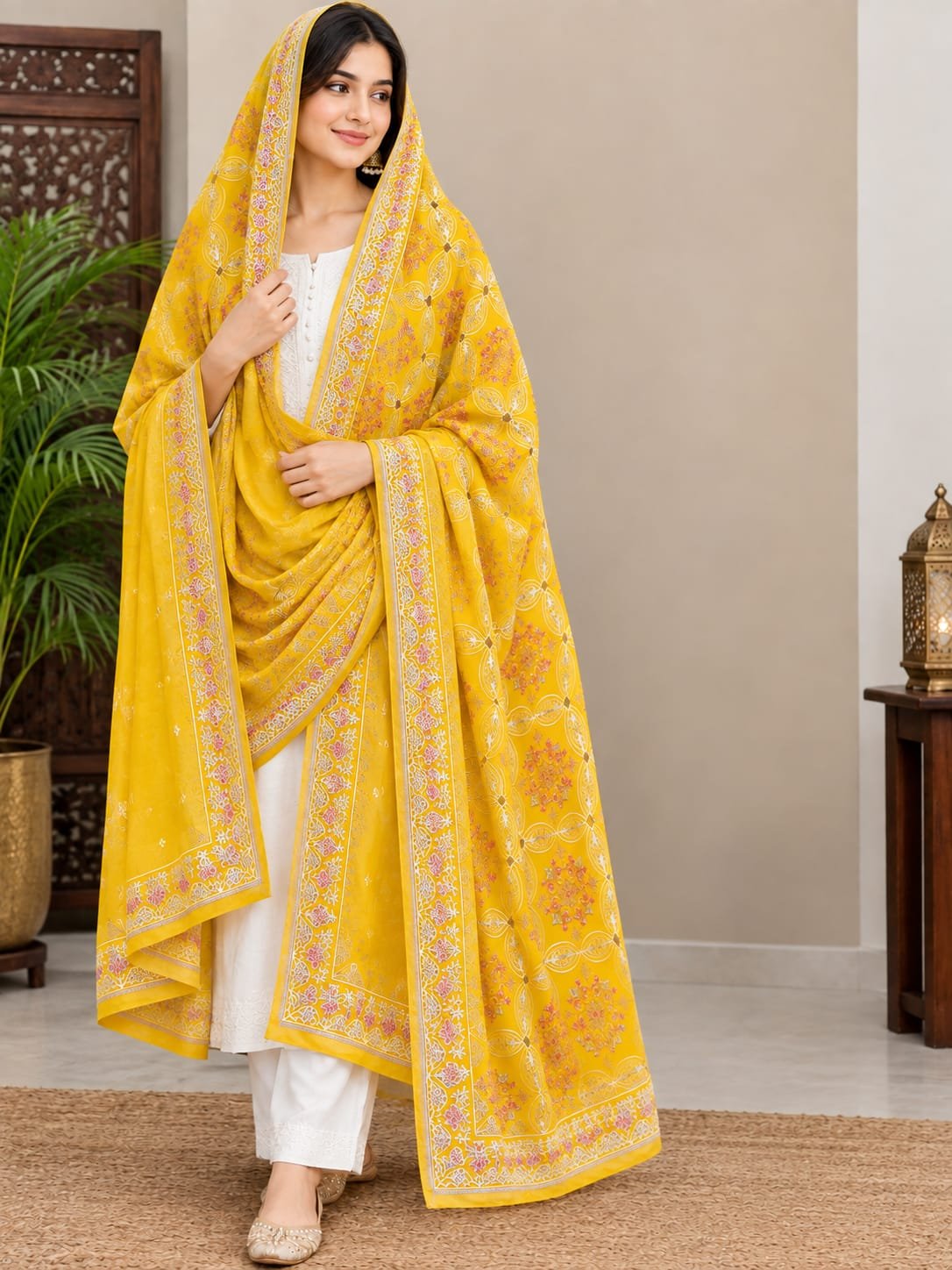 Mustard Gold Heritage Embroidered Shawl Detail Embroidery — Swati Wool Shawl Pakistan