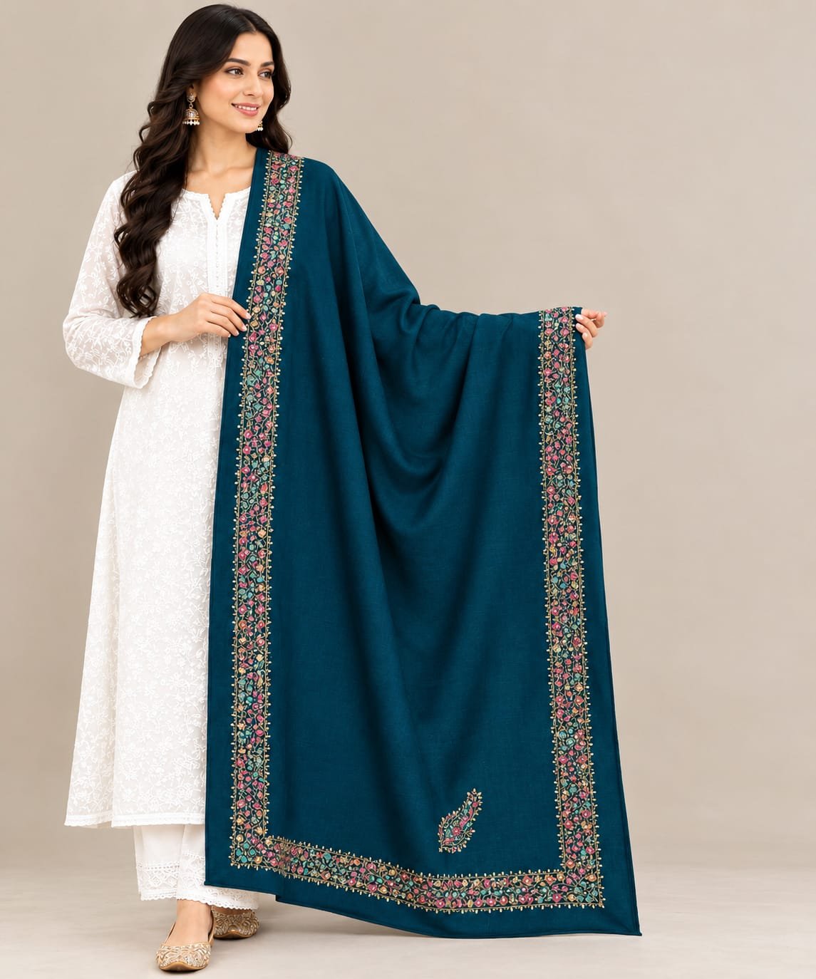 Peacock Teal Heritage Border Embroidered Shawl