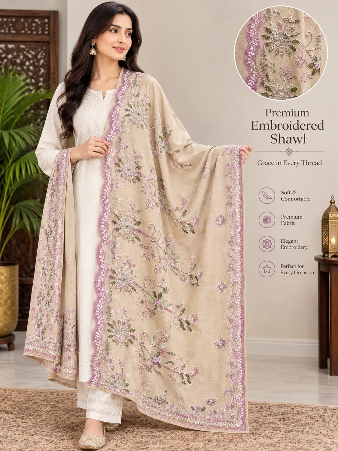 Warm Fawn Scalloped Floral Embroidered Shawl