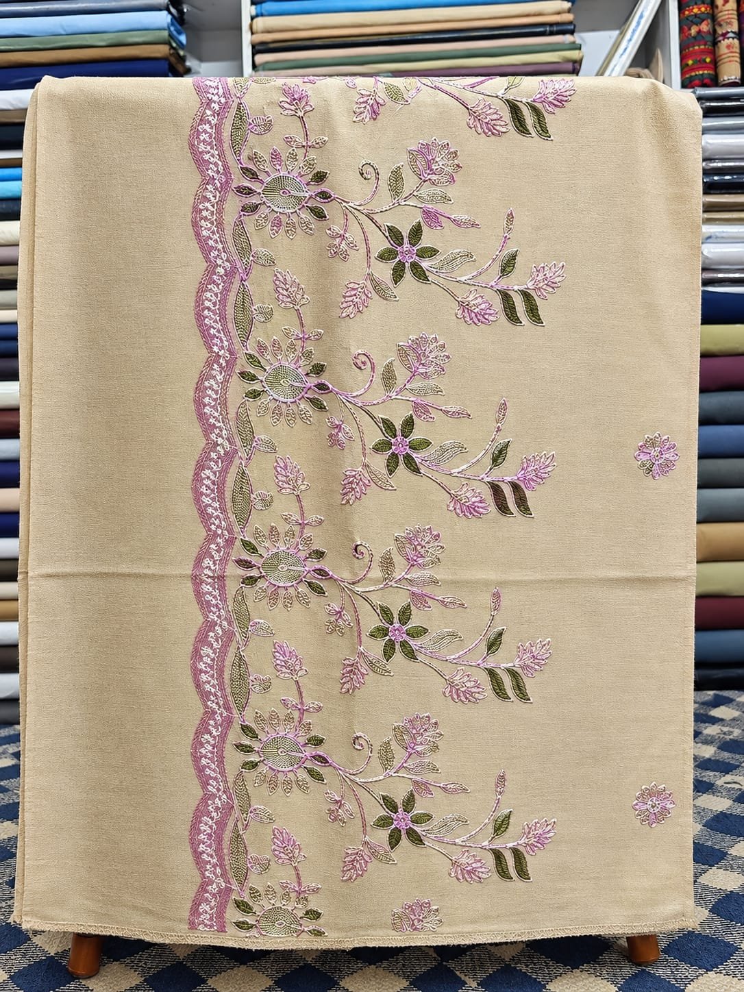 Warm Fawn Scalloped Floral Embroidered Shawl Detail Embroidery — Swati Wool Shawl Pakistan